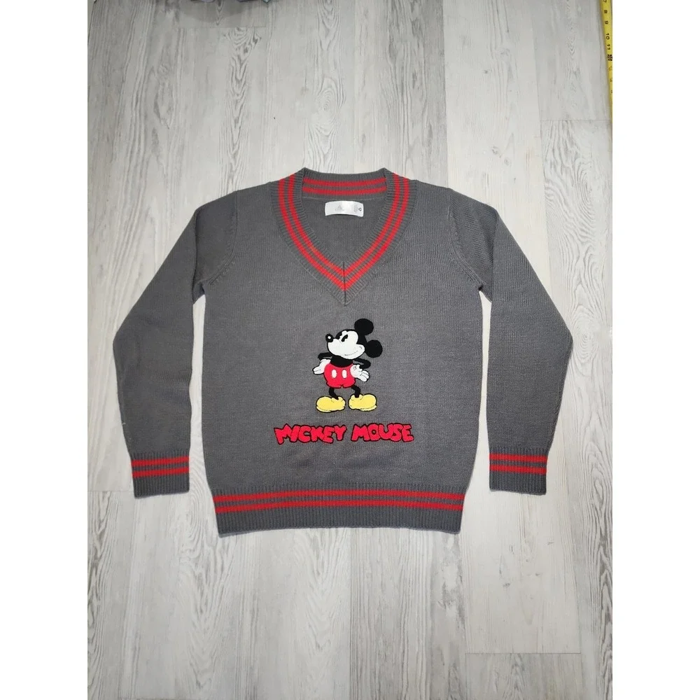 Mickey Mouse Unisex Small Gray V-Neck Knit Sweater Embroidered Mickey - Picture 1 of 7